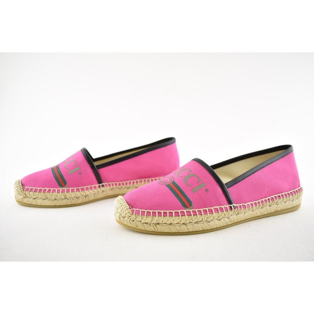 Gucci Pilar Pink Canvas Black Leather Trim GG Logo Print Flat Espadrilles 35.5 - Picture 10 of 12